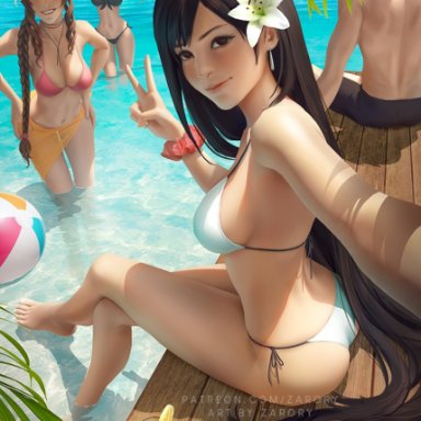 final fantasy, final fantasy vii, final fantasy vii remake, aerith gainsborough, cloud strife, jessie rasberry, tifa lockhart, zarory, 3girls, beach, bikini, blue sky, busty, cleavage, female