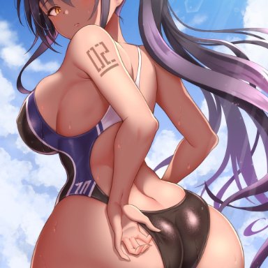 blue archive, karin (blue archive), artist request, 1girls, adjusting clothes, ass, ass focus, ass shot, back, back view, black hair, blush, breasts, brown skin, bubble butt