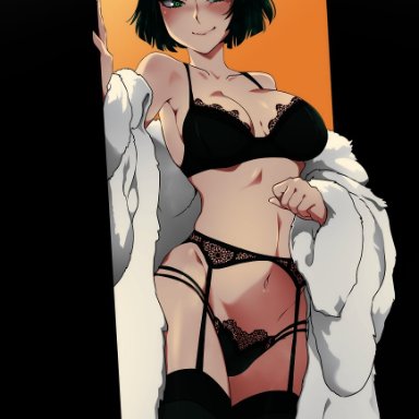 one-punch man, fubuki (one-punch man), jcm2, 1girls, bangs, bare shoulders, belly, belly button, big breasts, black lingerie, blush, bob cut, bra, breasts, cleavage