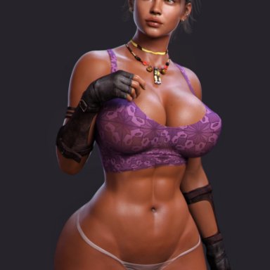 resident evil, resident evil 5, sheva alomar, apone3d, 1girl, breasts, cameltoe, crop top, dark-skinned female, dark skin, female, female only, g-string, large breasts, midriff