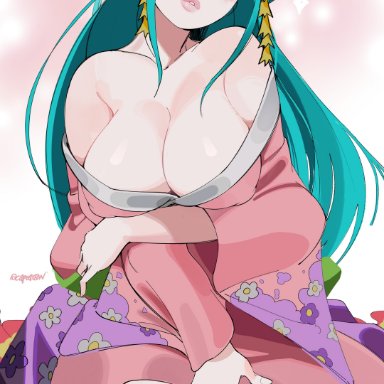 one piece, kozuki hiyori, capraraw, 1girls, aqua eyes, bangs, big breasts, blush, cleavage, female, female only, green hair, kimono, kneeling, long hair