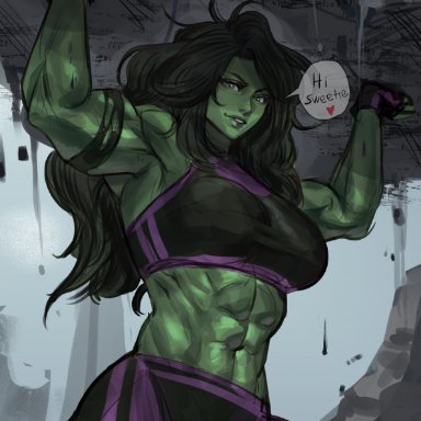 marvel, marvel comics, she-hulk, virgoart1509, abs, big breasts, breasts, green, green body, green eyes, green hair, green skin, huge breasts, irradiated, large breasts