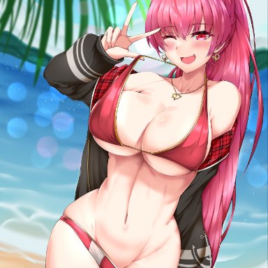 hololive, houshou marine, ;d, anchor print, bare shoulders, beach, bikini, bikini pull, black jacket, blue sky, breasts, cleavage, clothes pull, cloud, day