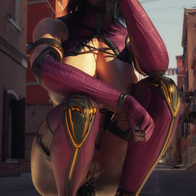 mortal kombat, mileena, anal, anal dildo, anal insertion, anal sex, big breasts, black dildo, black hair, breasts, dildo, glowing eyes, horsecock dildo, lube, lube drip