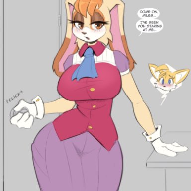 sega, sonic (series), sonic the hedgehog (series), tails, vanilla the rabbit, cooliehigh, 1girls, anthro, big breasts, blue eyes, blush, breasts, brown eyes, brown eyeshadow, brown nose