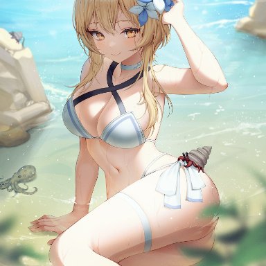 genshin impact, lumine (genshin impact), mellozzo, arm up, ass, beach, belly, belly button, big ass, big breasts, big butt, bikini bottom, blonde hair, breasts, calves