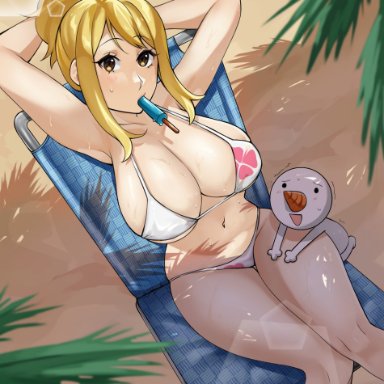 fairy tail, lucy heartfilia, condylonucla, 1girls, arms behind head, beach chair, big breasts, bikini, blonde hair, blush, female, female only, ice cream, looking at viewer, popsicle