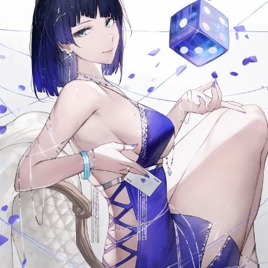 genshin impact, yelan (genshin impact), qiandai, qiandaiyiyu, 1girls, bewitching thighs, big breasts, blue eyes, blue hair, breasts, casino dress, cleavage, curvy, dice, female