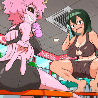 my hero academia, mina ashido, tsuyu asui, yoon sun, 2girls, ass, back, big ass, black eyes, black sclera, blush, breasts, cameltoe, cleavage, cleavage cutout