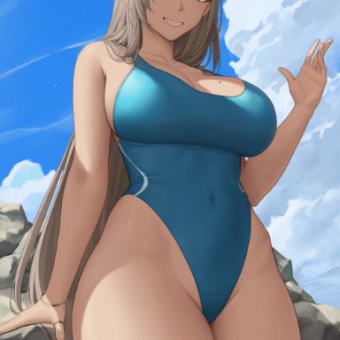 blue archive, asuna (blue archive), zaphn, 1girls, beach, blonde female, blonde hair, blue eyes, breasts, competition swimsuit, female, female only, hair over one eye, hips, huge breasts