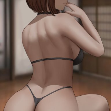 my hero academia, ochako uraraka, savagexthicc, 1girls, ass, ass focus, ass shot, back, back view, backboob, bikini, black bikini, blush, breasts, brown eyes