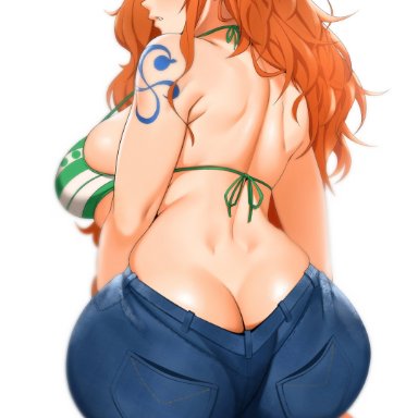 one piece, nami, nami (one piece), kevbot, 1girls, ass, ass cleavage, backboob, bikini, bikini top, breasts, brown eyes, female, female only, huge ass