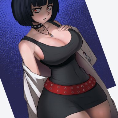 persona, persona 5, tae takemi, myapica, 1girls, amulet, big breasts, big thighs, blue hair, breasts, child bearing hips, choker, coat only, collar, curvaceous