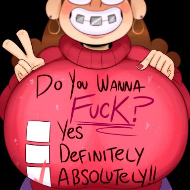 disney, gravity falls, mabel pines, ota (artist), 1girls, aged up, blush, breasts, brown hair, huge breasts, inviting to sex, large breasts, long hair, looking at viewer, smile