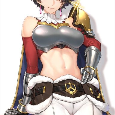 monster hunter, monster hunter rise, fiorayne, cokuto1, 1girl, abs, armor, belly, belly button, big breasts, breastplate, breasts, cameltoe, earrings, exposed shoulders