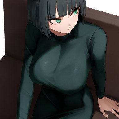 one-punch man, fubuki (one-punch man), senju (snz0), 1girls, bangs, big breasts, bob cut, breasts, busty, clothed, clothing, couch, crossed legs, curvaceous, curvy