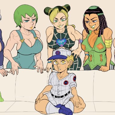 jojo's bizarre adventure, quandale dingle, ermes costello, foo fighters, jolyne kujo, narciso anasui, weather report, detnox, 1boy, 4girls, aged up, big breasts, black hair, brown eyes, clothed
