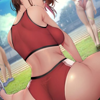 original, gentsuki, ass, blush, breasts, flexible, from behind, grass, multiple girls, pussy, sideboob, sportswear, spread legs, stretching, tan