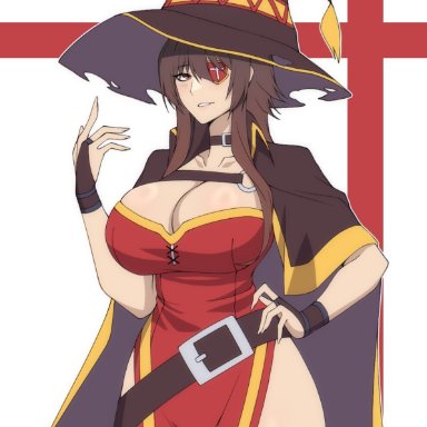 megumin, cero rains, 1girls, aged up, big breasts, breasts, brown hair, female focus, female only, hat, legwear, long hair, red eyes, solo, solo female