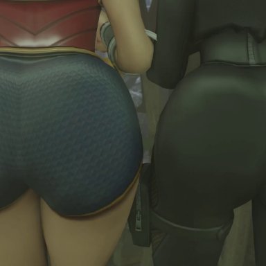 batman (series), wonder woman (series), catwoman, wonder woman, kishi, 2girls, ass, ass focus, ass on glass, ass press, big ass, bodysuit, clothed, from behind, huge ass