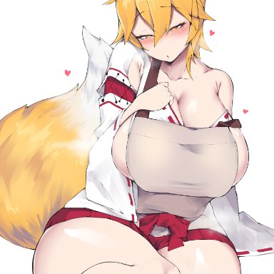 sewayaki kitsune no senko-san, cham22, chamchami, aged up, alternate breast size, big breasts, blush, breasts, eye contact, fox, fox ears, fox girl, fox tail, half-closed eyes, heart