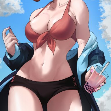 nintendo, pokemon, pokemon legends: arceus, arezu (pokemon), echosaber, 1girls, beach, bikini, breasts, female, hips, holding object, huge breasts, outdoors, red eyes