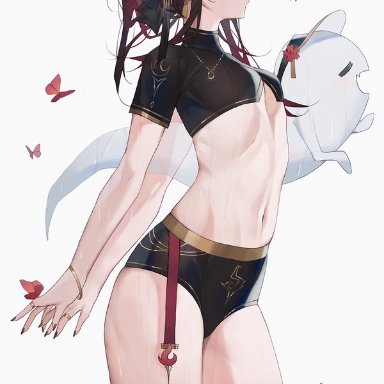 genshin impact, hu tao (genshin impact), qiandai, qiandaiyiyu, 1girls, ass, bewitching thighs, breasts, butterfly, curvy, dark hair, facing away, female, female only, ghost