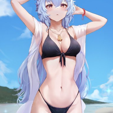 genshin impact, ganyu (genshin impact), ahoge, arms up, beach, belly button, bikini, blue hair, blush, breasts, cleavage, cowbell, faruhan, female, female only