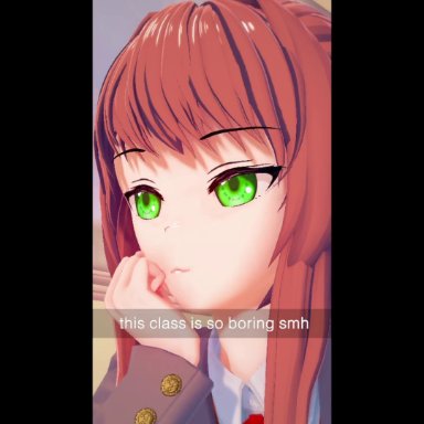 doki doki literature club, mashirosolera, animation, bored, bored expression, bow, brown hair, green eyes, peace sign, spread legs, spreading legs, white bow, animated, no sound, tagme