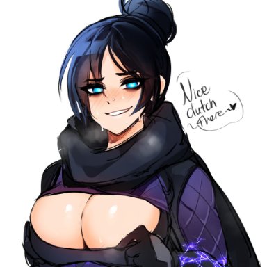 apex legends, wraith (apex legends), bladechan28, big breasts, black hair, blue eyes, blush, breasts, dark hair, huge breasts, large breasts, light blue eyes, sweat, sweating, sweaty