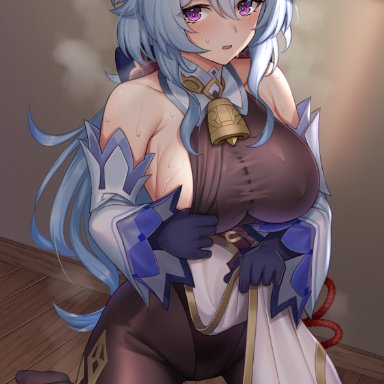 genshin impact, ganyu (genshin impact), komainu (yamaha1997), 1girl, blue hair, blush, cleavage, clothed, cowbell, female focus, female only, horn, long hair, nipples visible through clothing, on knees