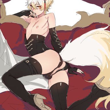 mokotoko9, 1boy, anus, ass, femboy, gloves, male focus, male only, perineum, pose, short hair, solo, tail, thigh boots, topless