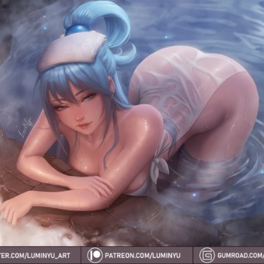 aqua (konosuba), luminyu, 1girls, ass, blue eyes, blue hair, breasts, deity, female, female only, goddess, huge ass, large breasts, long hair, looking at viewer