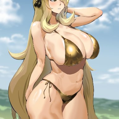 game freak, pokemon, pokemon dppt, cynthia (pokemon), takezumi ero, 1girls, big breasts, bikini, bikini bottom, bikini top, blonde female, blonde hair, breasts, brown eyes, cleavage