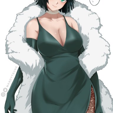 one-punch man, fubuki (one-punch man), mandytsune, 1girls, bangs, bare shoulders, big breasts, blush, bob cut, breasts, busty, cleavage, clothed, clothing, coat