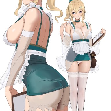 genshin impact, jean (genshin impact), chela77, 1girls, alternate costume, apron, ass, blonde female, blonde hair, blue eyes, blush, bow, breasts, choker, cleavage