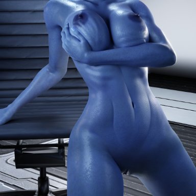 mass effect, asari, liara t'soni, wetdonkey6969, alien, alien girl, blue skin, breast grab, breasts, female, female only, front view, holding breast, kneeling, nipples