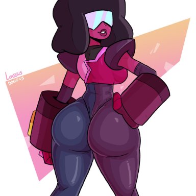 multiversus, steven universe, garnet (steven universe), gem (species), gem fusion, loggus doggus, afro, exposed ass, gauntlets, large ass, purple skin, shiny clothes, shiny skin, skinny waist, sunglasses