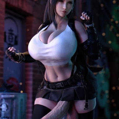 final fantasy, final fantasy vii, final fantasy vii remake, tifa lockhart, stevencarson, armwear, balls, belly, belly button, big breasts, big penis, black hair, breasts, cock, curves