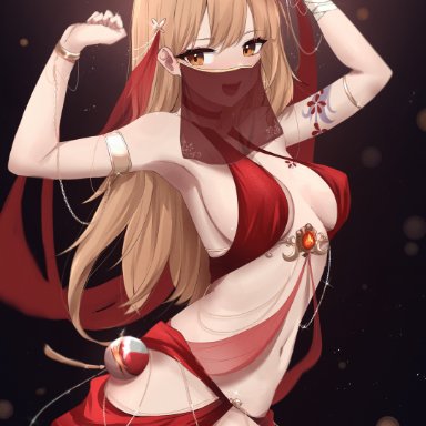 genshin impact, yoimiya (genshin impact), feintheart721, 1girls, arabian clothes, armpits, arms up, bare shoulders, belly button, belly dancer, belly dancer outfit, big breasts, blonde hair, blush, breasts