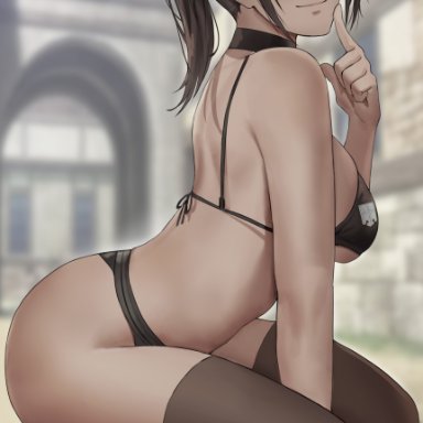 attack on titan, shingeki no kyojin, sasha braus, shexyo, 1girls, ass, bikini, black bikini, blurry background, breasts, brown eyes, brown hair, female, female only, hips