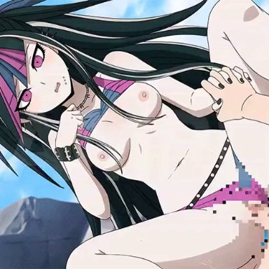 danganronpa, danganronpa 2: goodbye despair, super danganronpa 2, mioda ibuki, hedit, 1boy, 1girls, black nails, bra lift, breasts, cowgirl position, female, holding hands, light-skinned female, light-skinned male