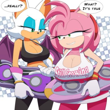 sega, sonic (series), sonic the hedgehog (series), amy rose, rouge the bat, kojiro-brushard, anthro, big breasts, breast envy, breasts, chiropteran, cleavage, clothed, clothing, duo