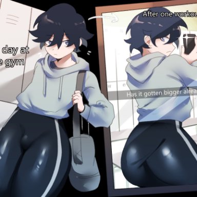 original, dimansfw, 1boy, ass, black hair, blue eyes, bulge, crossdressing, femboy, leggings, male, male only, mirror selfie, selfie, short hair