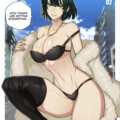 one-punch man, fubuki (one-punch man), redjet, 1girls, bangs, bare shoulders, belly, belly button, big breasts, bob cut, boots, bra, breasts, cleavage, clothed