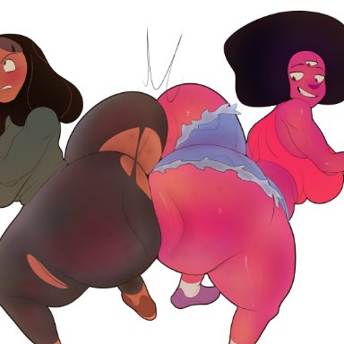 steven universe, garnet (steven universe), gem fusion, priyanka maheswaran, barrybbeesly, 2girls, 3 eyes, ass to ass, big breasts, black hair, clothed, clothing, dark-skinned female, dark skin, embarrassed