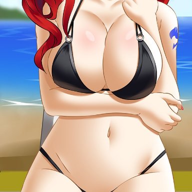 fairy tail, erza scarlet, gaston18, 1girls, alternate hairstyle, beach, big breasts, bikini, black bikini, breast hold, breasts, brown eyes, female, hair over one eye, kneeling