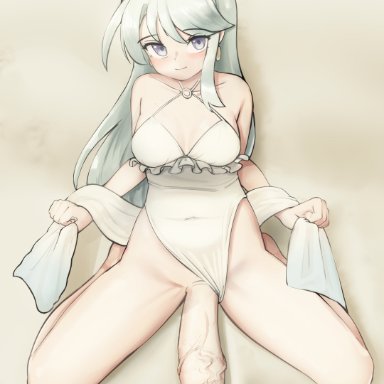 kantai collection, sagiri (kantai collection), maru (marg0613), 1futa, bare shoulders, big breasts, big penis, breasts, casual one-piece swimsuit, clothed, clothing, clothing aside, covered navel, criss-cross halter, earrings