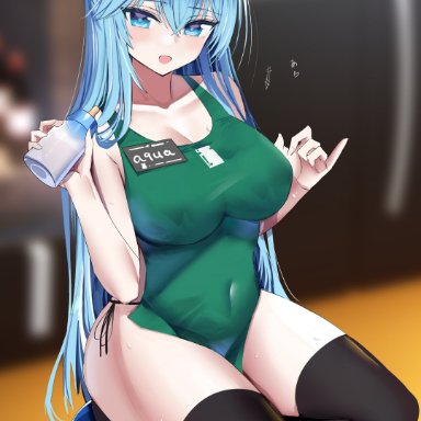 aqua (konosuba), hanasaka houcha, apron, black legwear, black stockings, blue eyes, blue hair, blue high heels, blush, long hair, looking at viewer, nipple bulge, open mouth, ponytail, squatting