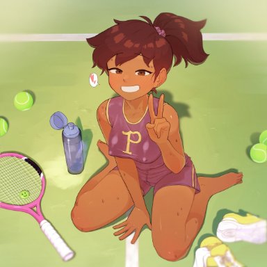 amphibia, anne boonchuy, kassitta, 1girls, barefoot, dark-skinned female, erect nipples, erect nipples under clothes, eyebrows visible through hair, female, female only, gym shorts, hand between legs, looking at viewer, metahuman